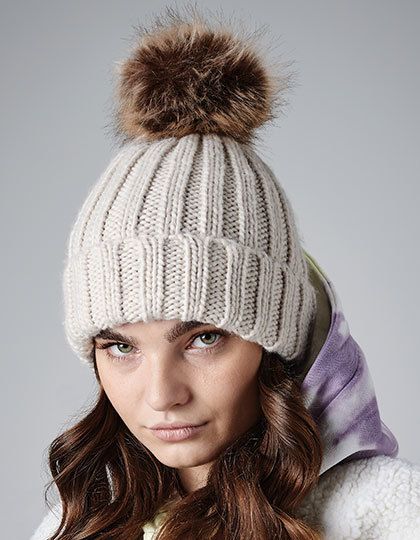 Faux Fur Pop Pom Chunky Beanie