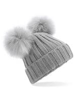 Faux Fur Double Pop Pom Beanie Light Grey