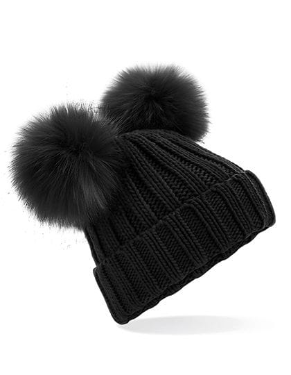 Faux Fur Double Pop Pom Beanie Black