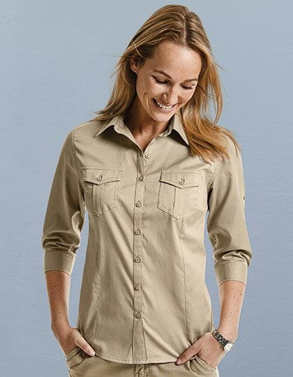 Ladies` Roll 3/4 Sleeve Fitted Twill Shirt