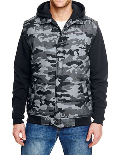 Hooded Fleece Sleeved Puffer Vest Black Camo / Black