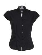 Tailored Fit Poplin Contintental Blouse Mandarin Collar Cap Sleeve Black