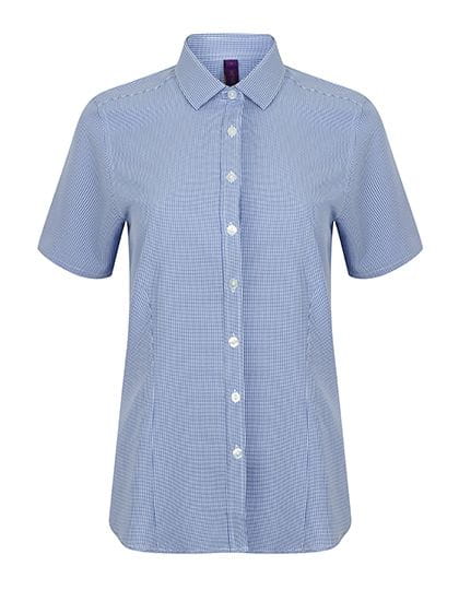 Ladies` Gingham Cofrex/Pufy Wicking Short Sleeve Shirt Blue - White